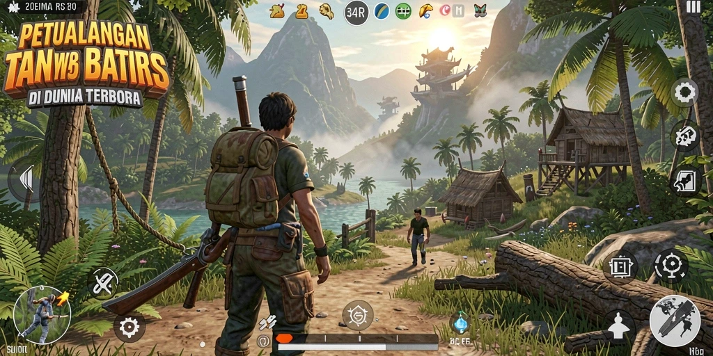 Tangkapan layar utama 34R menampilkan aksi gameplay di dunia terbuka.