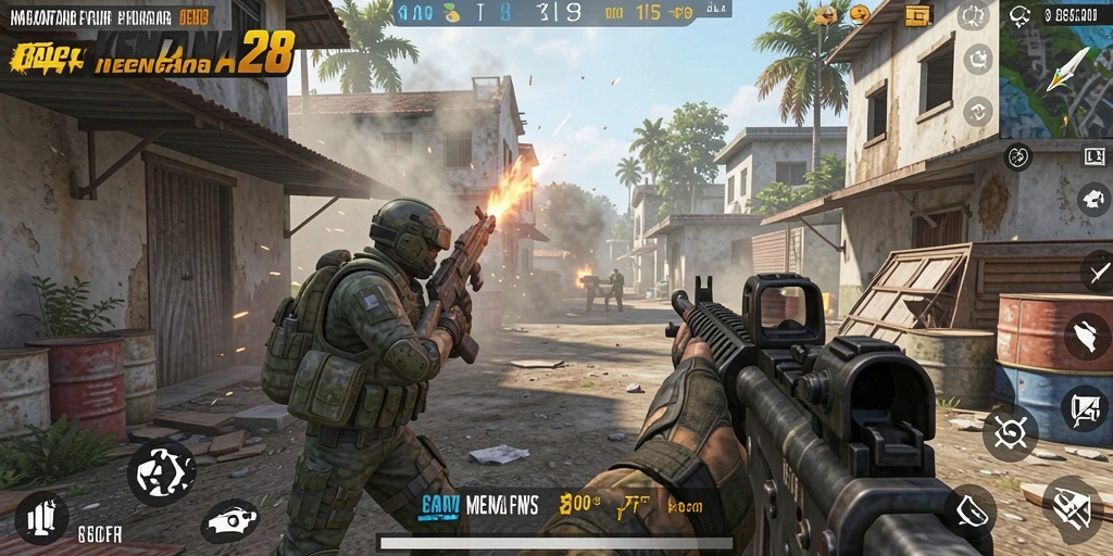 Screenshot KENCANA28 menampilkan aksi intens pertempuran FPS.
