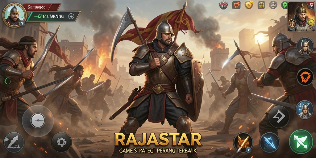 Screenshot gameplay RAJASTAR menampilkan pertempuran seru dan pembangunan kerajaan.