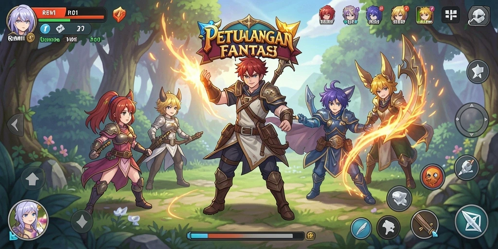 Screenshot menunjukkan karakter dalam aksi dalam dunia Anime yang penuh warna.