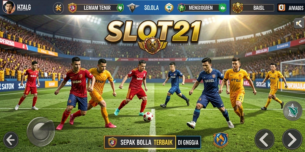 Screenshot utama SLOT21 menampilkan momen seru dalam pertandingan sepak bola.