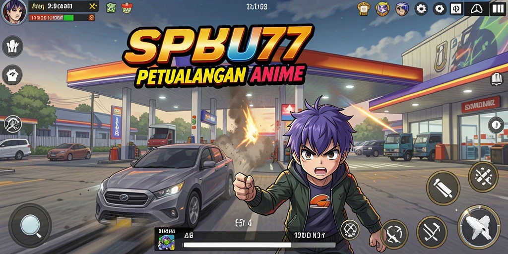 Screenshot gameplay SPBU77 menampilkan aksi pertarungan karakter anime yang menegangkan.